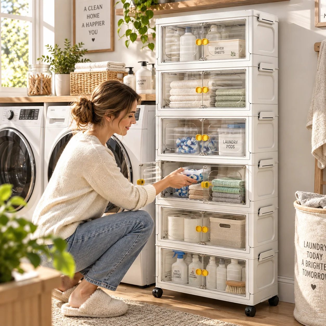 Slim Rolling Laundry Storage Cabinet with Clear Double Doors, 3/4/5/6-Tier Narrow Organizer with Wheels and Top Tray for Bathroom, Laundry Room and Small Spaces, White and Yellow