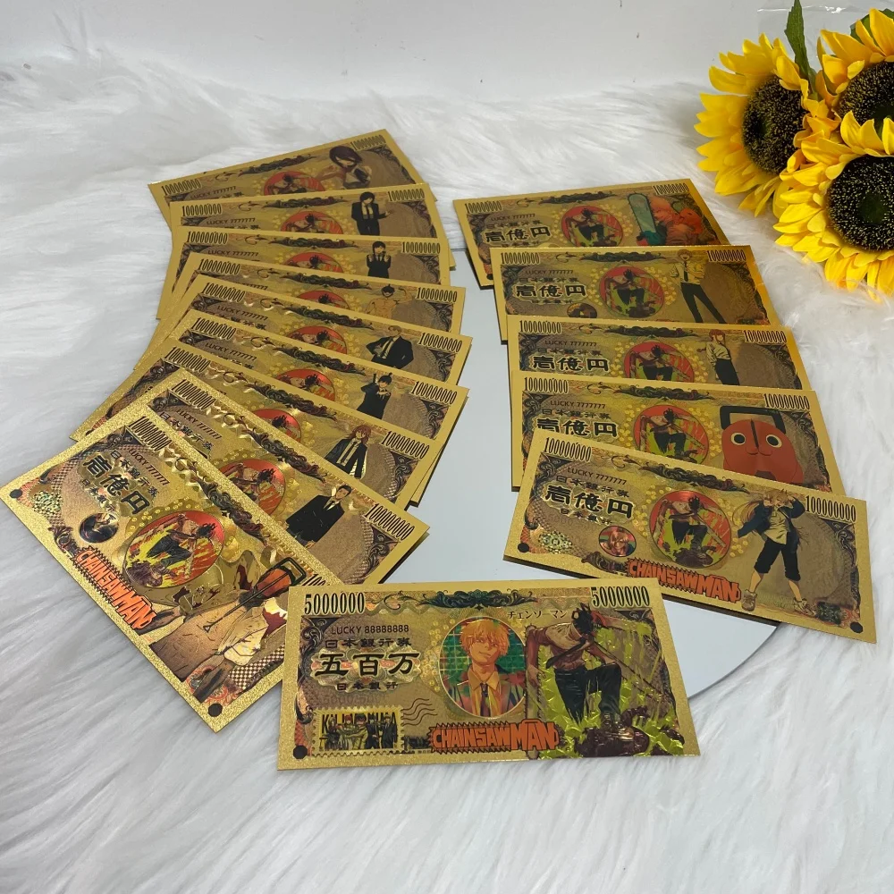 ธนบัตรลาย Chainsaw Man 15designs แบบฟอยล์สีทอง ของสะสมอนิเมะ ตัวละครเด็นจิ/พาวเวอร์/มาคิมะ ของที่ระลึกจากมังงะ ของขวัญสำหรับแฟนๆ ของสะสม