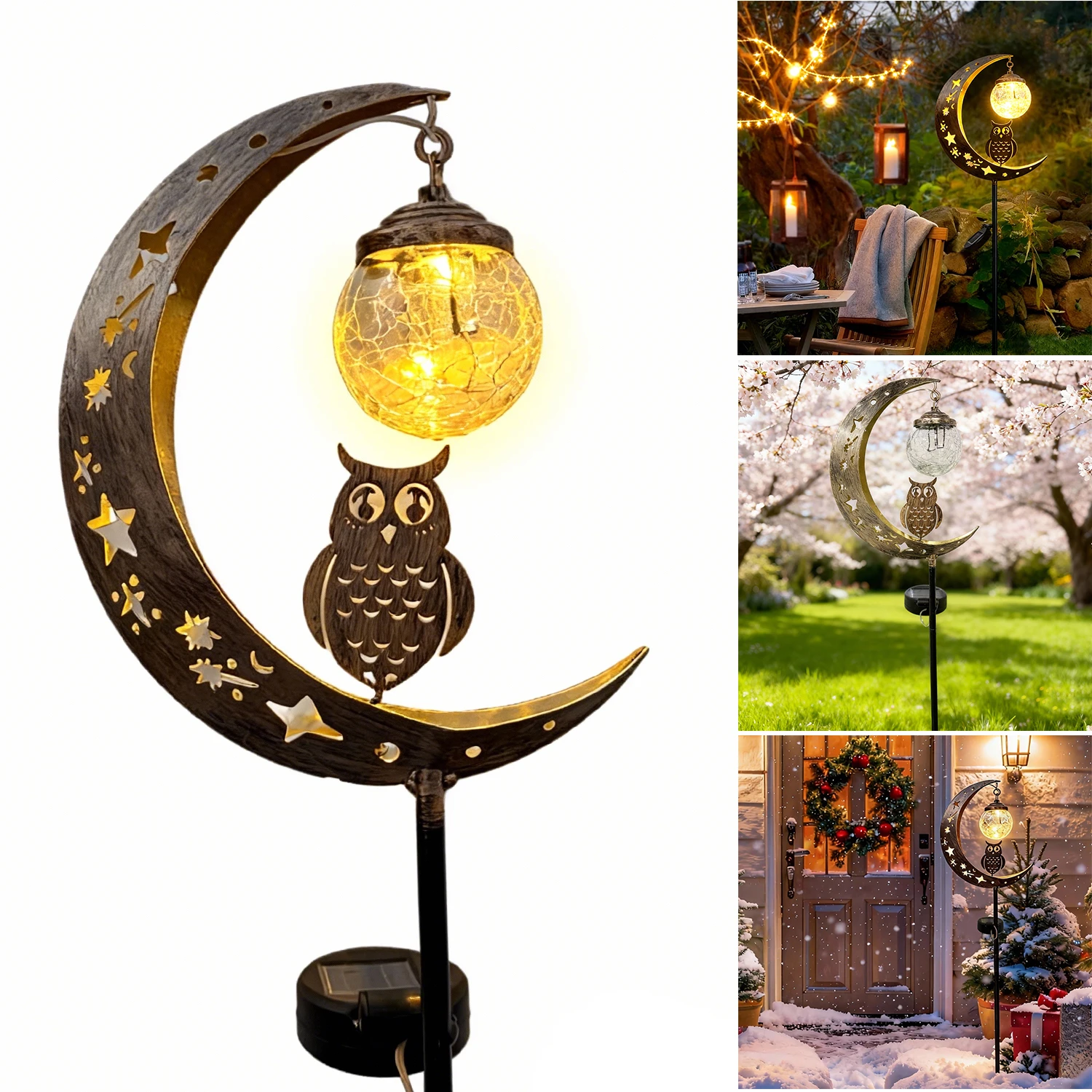 

Наземный светильник в форме луны на солнечной энергии с совой и украшениями из стеклянного шара, уличный садовый декор, идеальный праздничный подарок