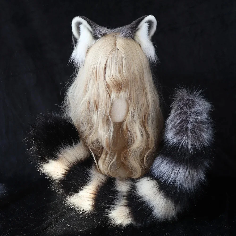 Nieuwe Hand Werk Wasbeer Procyon Lotor Cosplay Oren Hairhoop Staart Halloween Party Kostuum Accessoires Voor Hoofddeksels Hoofdband Geschenken - afbeelding 2