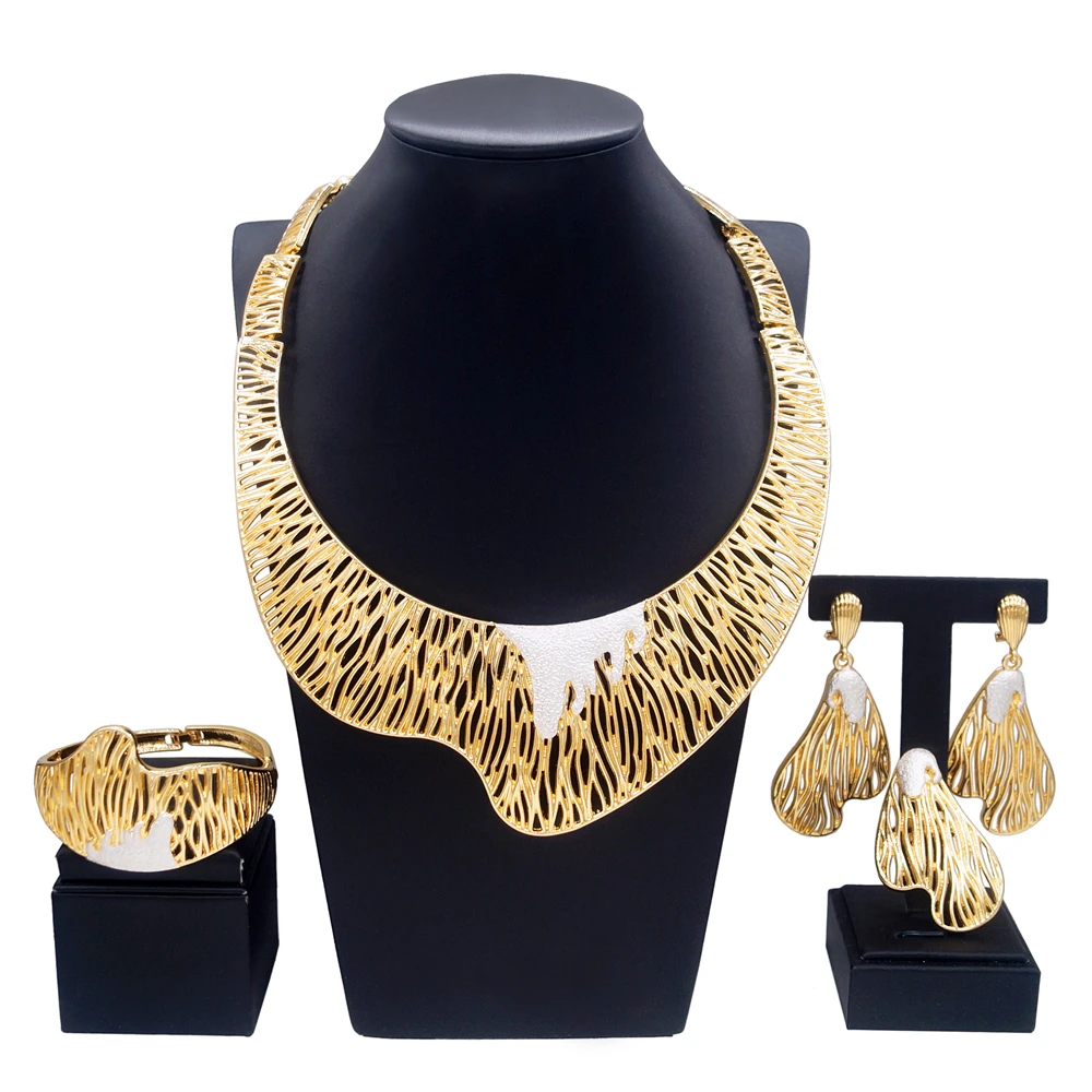 Women Jewelry Set Italian Gold Plated Couple Round Necklace Two Tone Bracelet Earrings Ring Fashion Style Nigerian Wedding