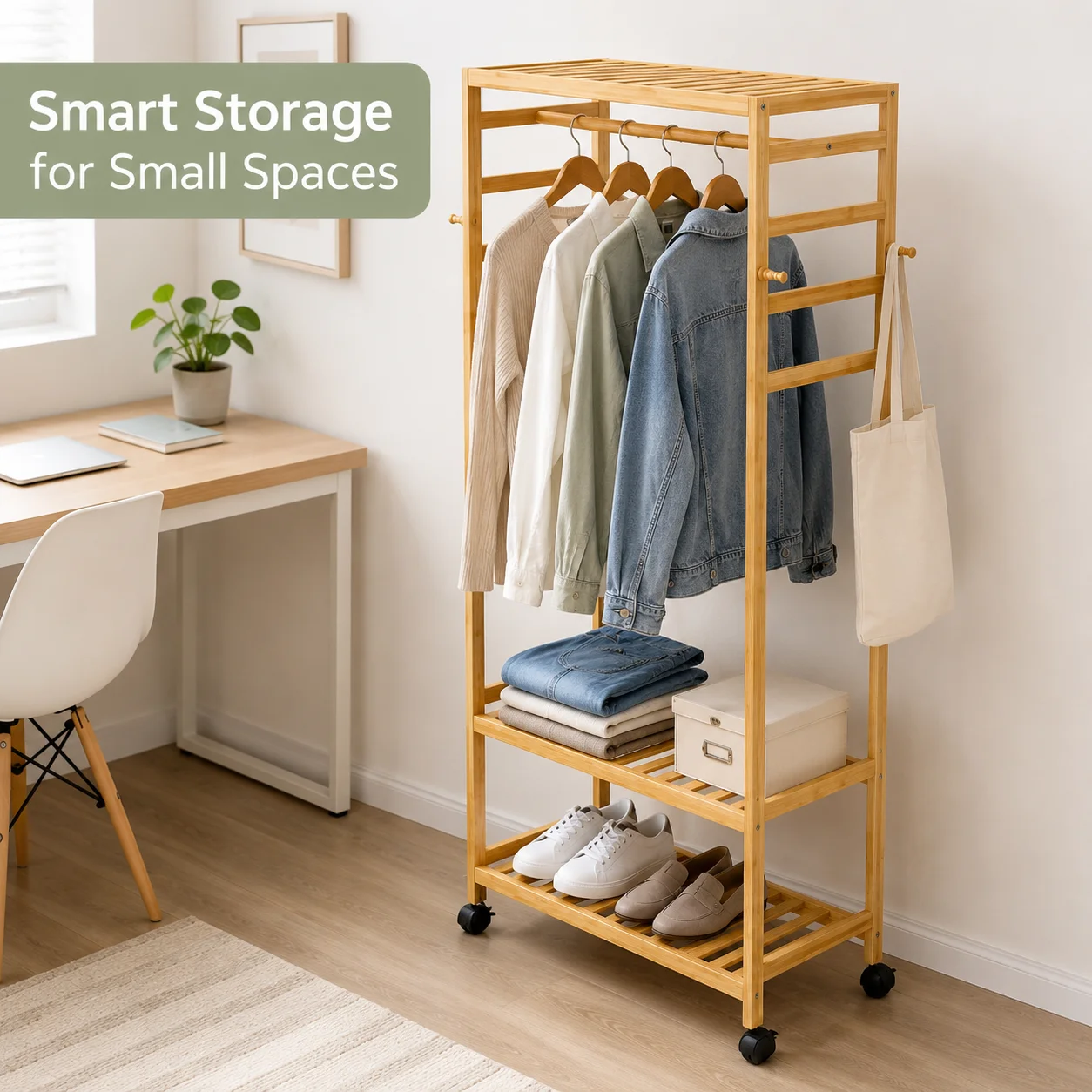Rolling Bamboo Clothes Rack with Shelves and Hooks, Freestanding Garment Rack Organizer for Bedroom, Laundry Room and Entryway