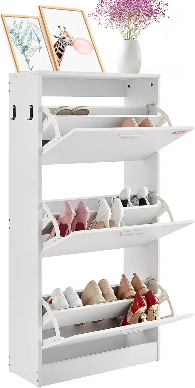 Shoe cabinet with 3 flip drawers, side hooks, free-standing design, perfect for entryway or hallway storage