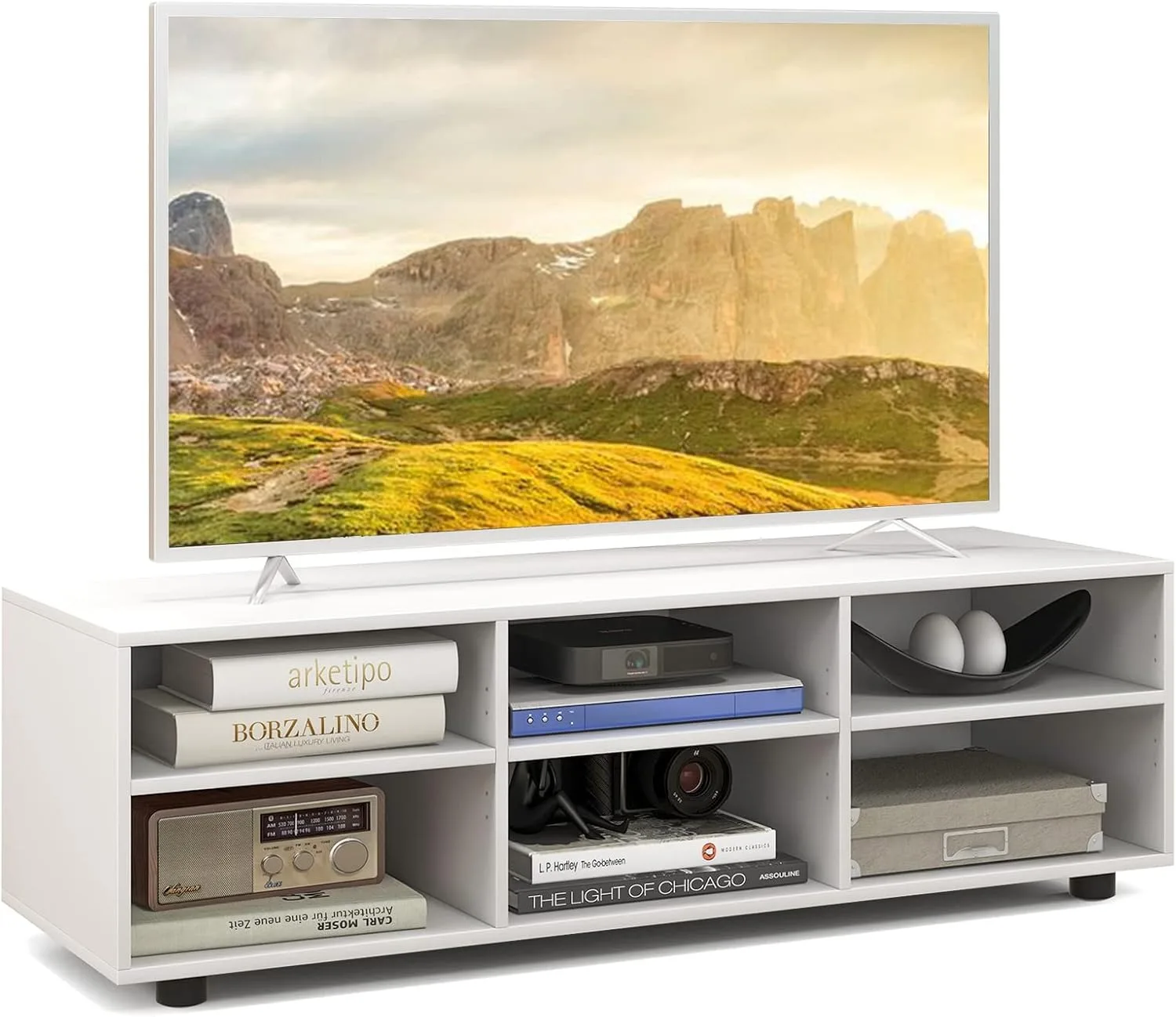 

6 Cubby TV Stand for 50+ Inch TV, White Wood TV Media Console Table with 6 Storage Cubbies & 5-Position Adjustable Shelves,