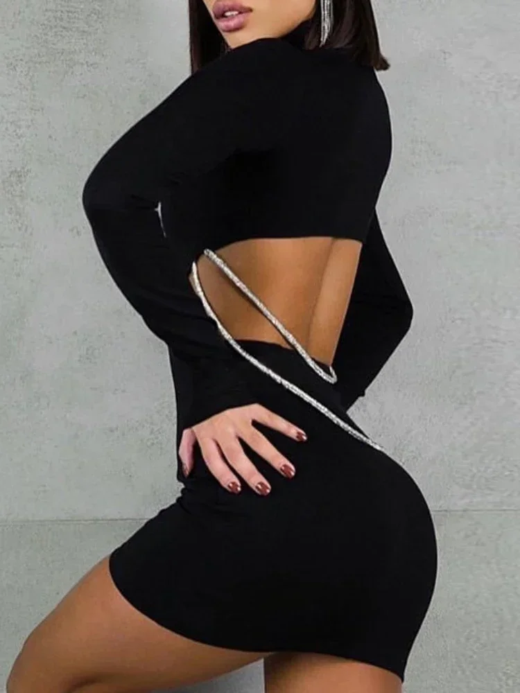 Z metalowym łańcuszkiem z tyłu Hollow Out Slim Bodycon Dress Women Long Sleeved High Collar Skinny Mini Evening Dress Club Party Vestidos — zdjęcie 2
