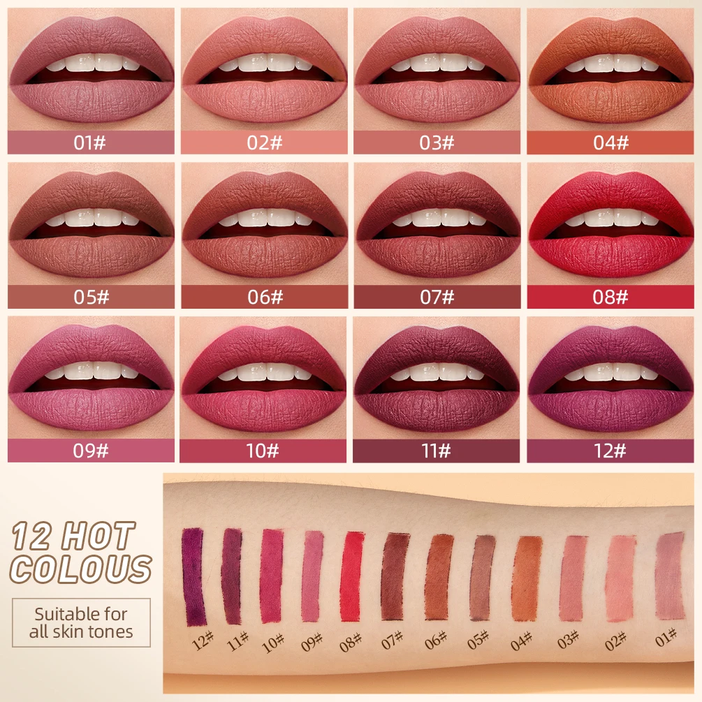 QIBEST Matte Lipstick Lip Tint 12 Colors Waterproof Long Lasting Non-stick Cup Sexy Highly Pigmented Velvet Lip Sticks Lip Stain