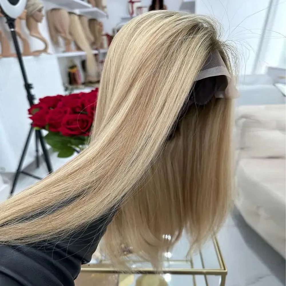 Natural Wig Ashy Roots Warm Blonde Balayage Highlights Straight Bob Wig Virgin Human Hair Wigs Hd 13x6 Lace Front Wig 200%