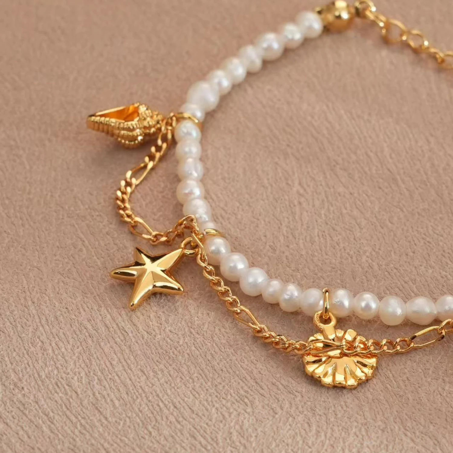 YAJUNIEL Natural Freshwater Pearl Bracelet for Women with Starfish Seashell Charms 24K Real Gold Plated Beach Theme Jewelry Gift