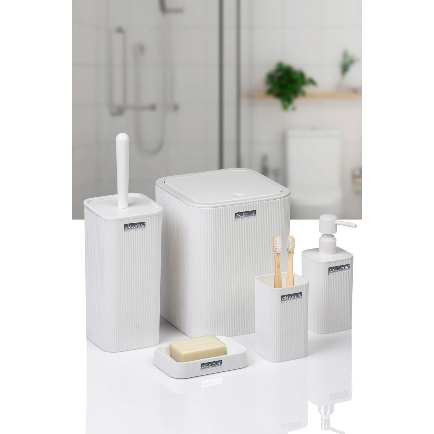 5 PCS Bathroom Organizer Set Striped Square Accessories Toothbrush Holder Toilet Brush Soap Liquid Storage Dispenser Trash Can