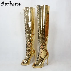 Sorber Metallic Golden stivali sopra il ginocchio donna Open Toe tacco alto tacchi a spillo stivale lungo primaverile Lace Up Fetish Platform Heel