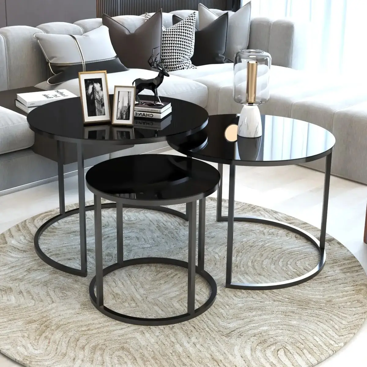 Modern Set of 3 Center Tables Set Unbreakable Tempered Black Glass Metal Leg Coffee Tables Living Room 3 Pcs Furniture Decor