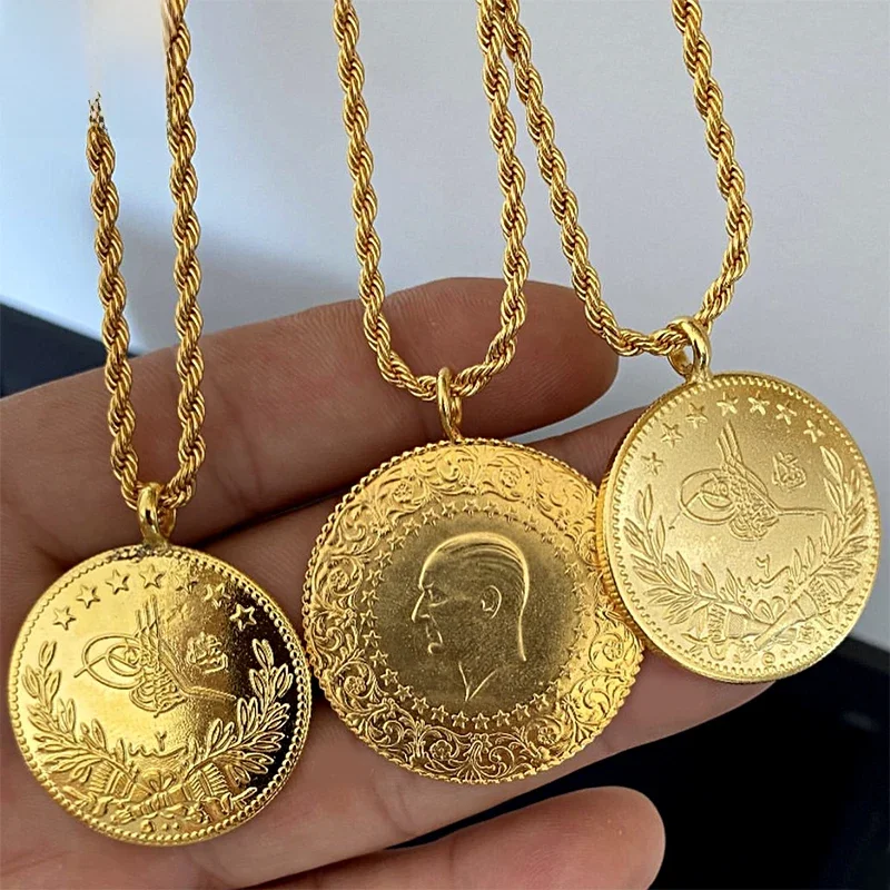 Türkische Münze Anhänger Gold Farbe Arabisch Totem Halskette Anhänger Kupfer Braut Geschenke