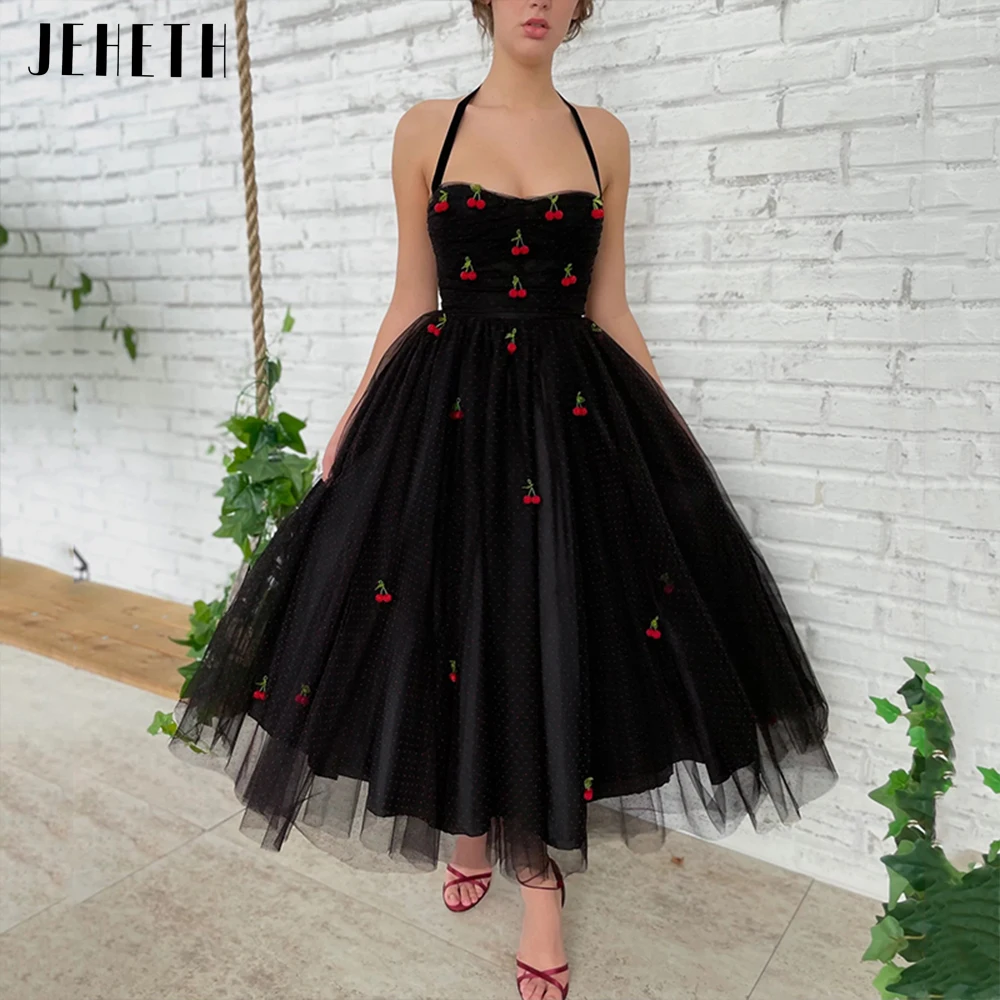 

JEHETH Black Halter Cherries Dots Tulle Prom Dress Elegant A Line Sweetheart Backless Princess Formal Evening Gown Tea Length