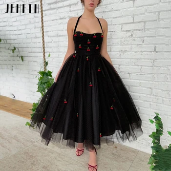 Jeheth Zwart Halter Kersen Dots Tulle Prom Dress Elegant Een Line Sweetheart Backless Prinses Formele Avondjurk Thee Lengte