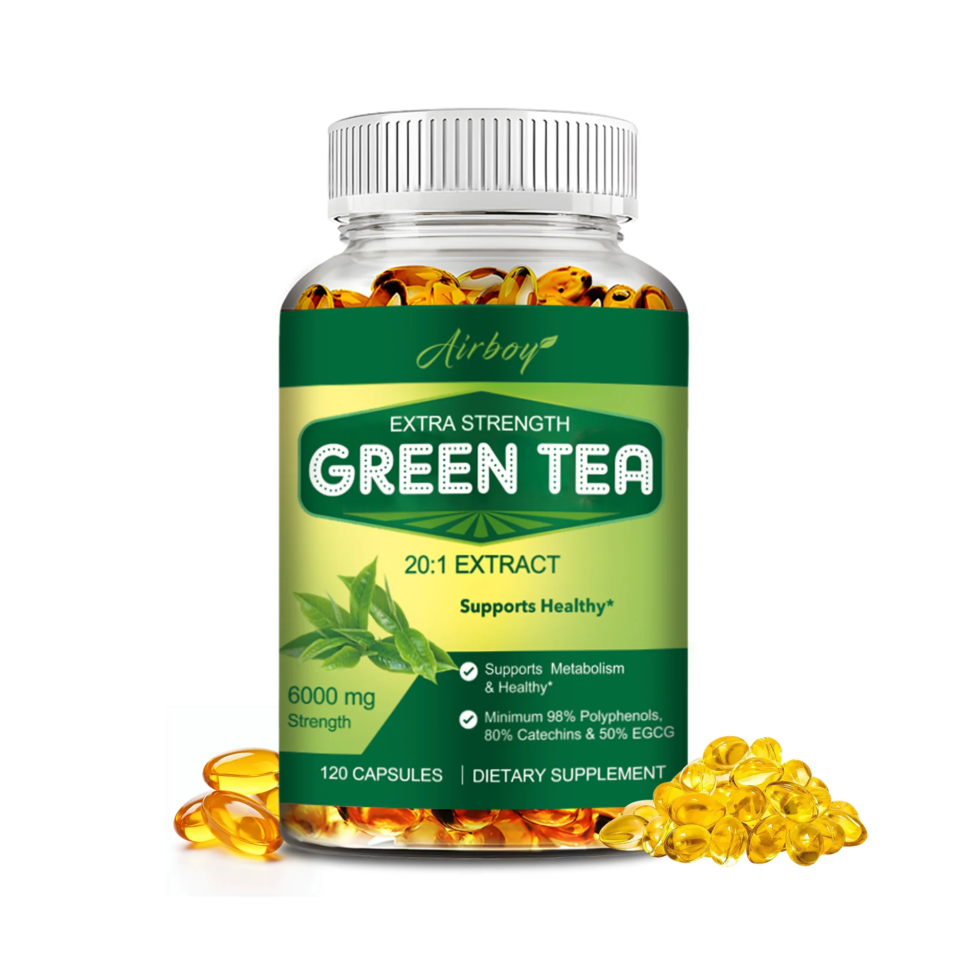 Green Tea - with 98% Polyphenols, 50% EGCG - Burns Fat, Boosts Metabolism, Appetite Suppressant, Antioxidant - 120 Capsules