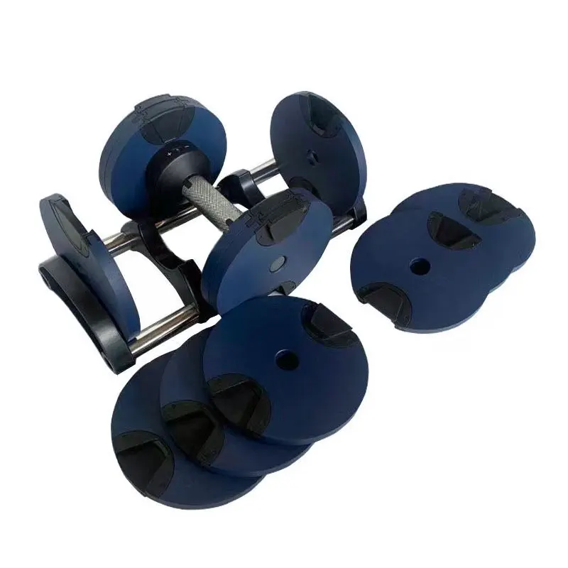 

Blue Adjustable Dumbbell Pair 5lb Increase 50lb and Dumbbell Rack