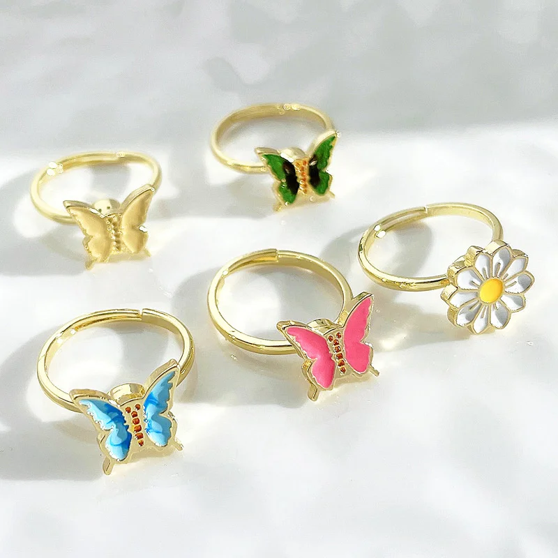 Daisy Flower Butterfly Anxiety Ring Rotatable Spinner Ring Girls Women Jewelry for Party Anxiety Relief Ring Anti Stress Rings