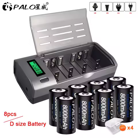 1.2V D Size Rechargeable Battery 8000mAh NI-MH Type D R20 LR20 Batteries for Gas Cooker Water Heater Flashlight+LCD Charger