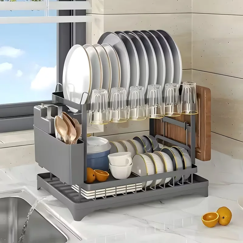 Double-layer Heavy-duty Metal Dish Rack with Drainage Tray | Space-saving Kitchen Storage Rack with Upper and Lower Shelves