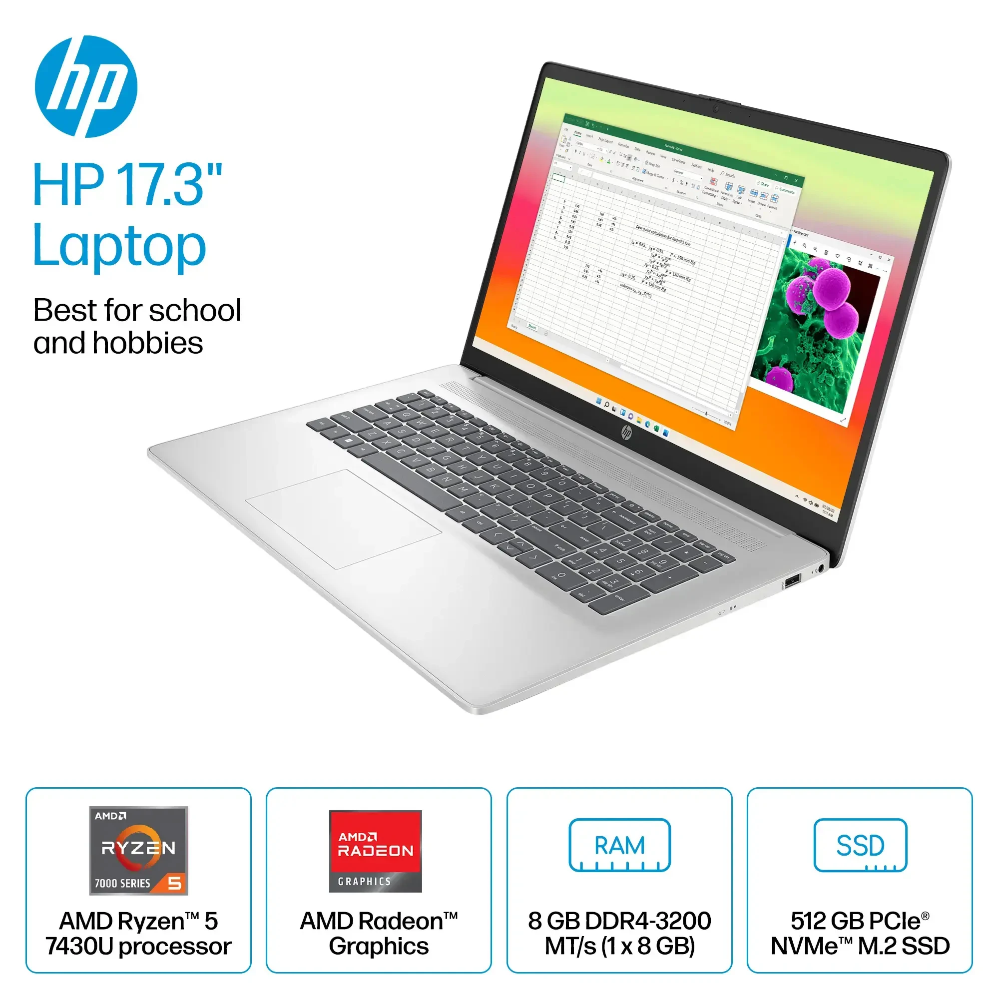 كمبيوتر محمول HP 17.3 بوصة FHD للأعمال، معالج AMD Ryzen 5 7430U، ذاكرة وصول عشوائي 8 جيجابايت، 512 جيجابايت SSD، رسومات AMD Radeon، Wi-Fi 6، Windows 11 S