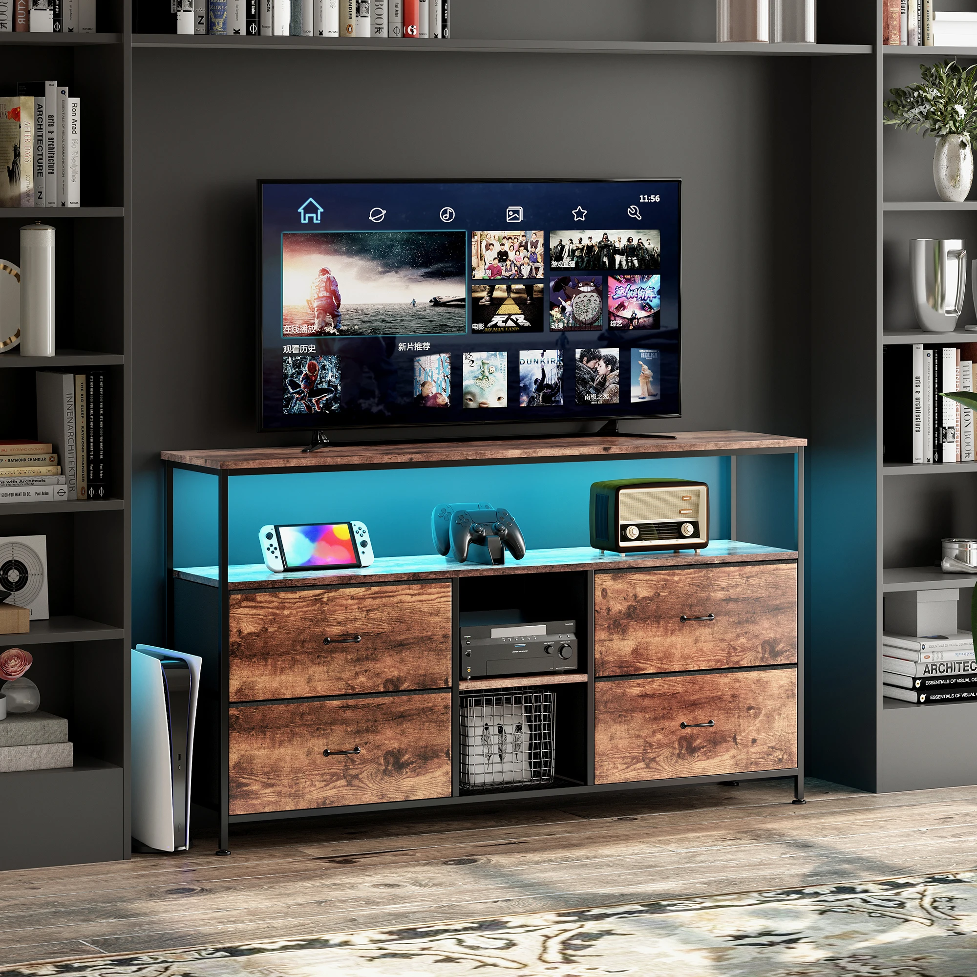 Mobile TV Comanlai, con illuminazione a LED e 4 cassetti in tessuto, con struttura in metallo e piano in legno, tavolo TV multifunzionale, 108 cm