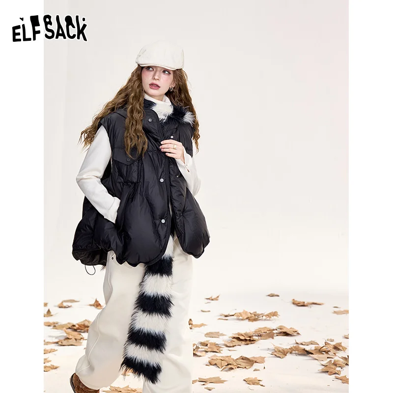ELFSACK 2024 Winter New Arrivals Black Fashion Casual Versatile Hooded Down Vest Women