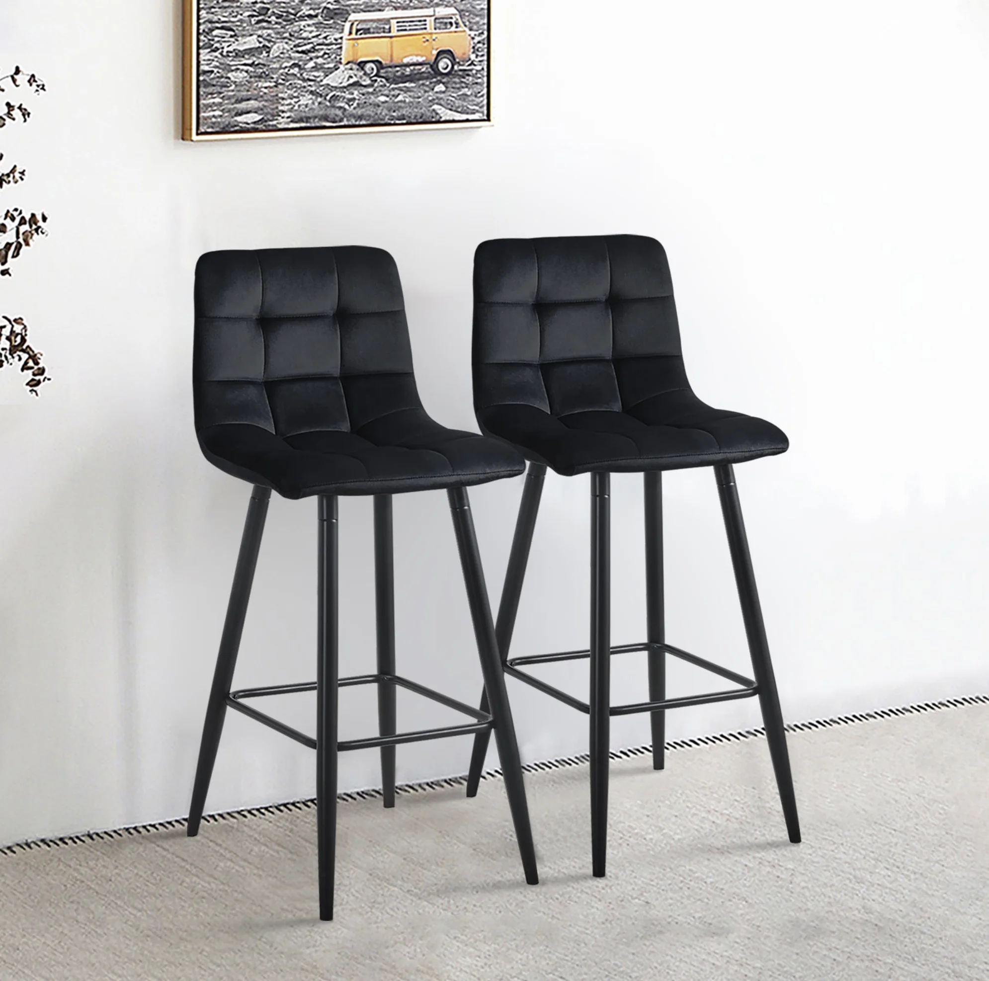 Christie Bar Stools Set of 2 – Modern Counter Height Stools with Upholstered Seats and Metal Legs