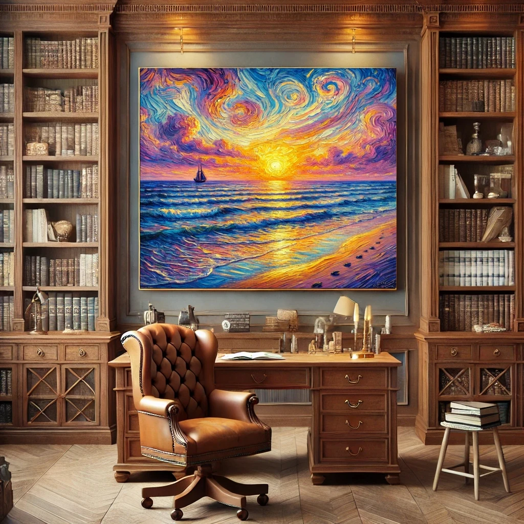 Sunset Seascape Wall Art Canvas Oil Painting,  Abstract Starry Sky, Van Gogh Style Modern Art,Home Decor for Living Room by Hand