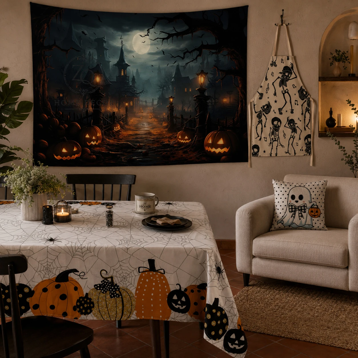 

Halloween Decorations for Home, Haunted Castle Tapestry, Spider Web and Pumpkin Tablecloth, Cute Ghost Cushion, Skeleton Apron