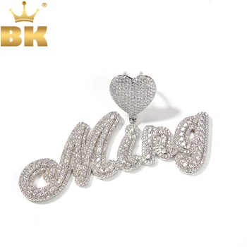 Colgante de dos tonos con letras de burbuja, Collar personalizado con Micro pavé de Circonia cúbica, joyería de hip hop, con pincel personalizado, THE BLING KING Heart Bail