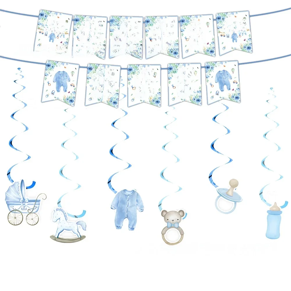 Banderoles bleues pour réception-cadeau pour bébé, guirlandes suspendues, décorations pour bébés garçons, bannière pour révélation du sexe, fournitures de décoration pour fête