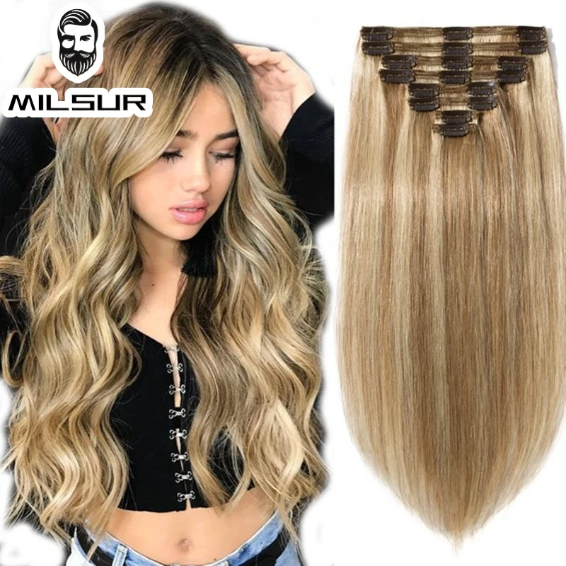 Clip In Human Hair Extensions Women Remy Hair Clip In Hair Extensions Clip-on Straight Hair Pieces For Women 12-26Inches