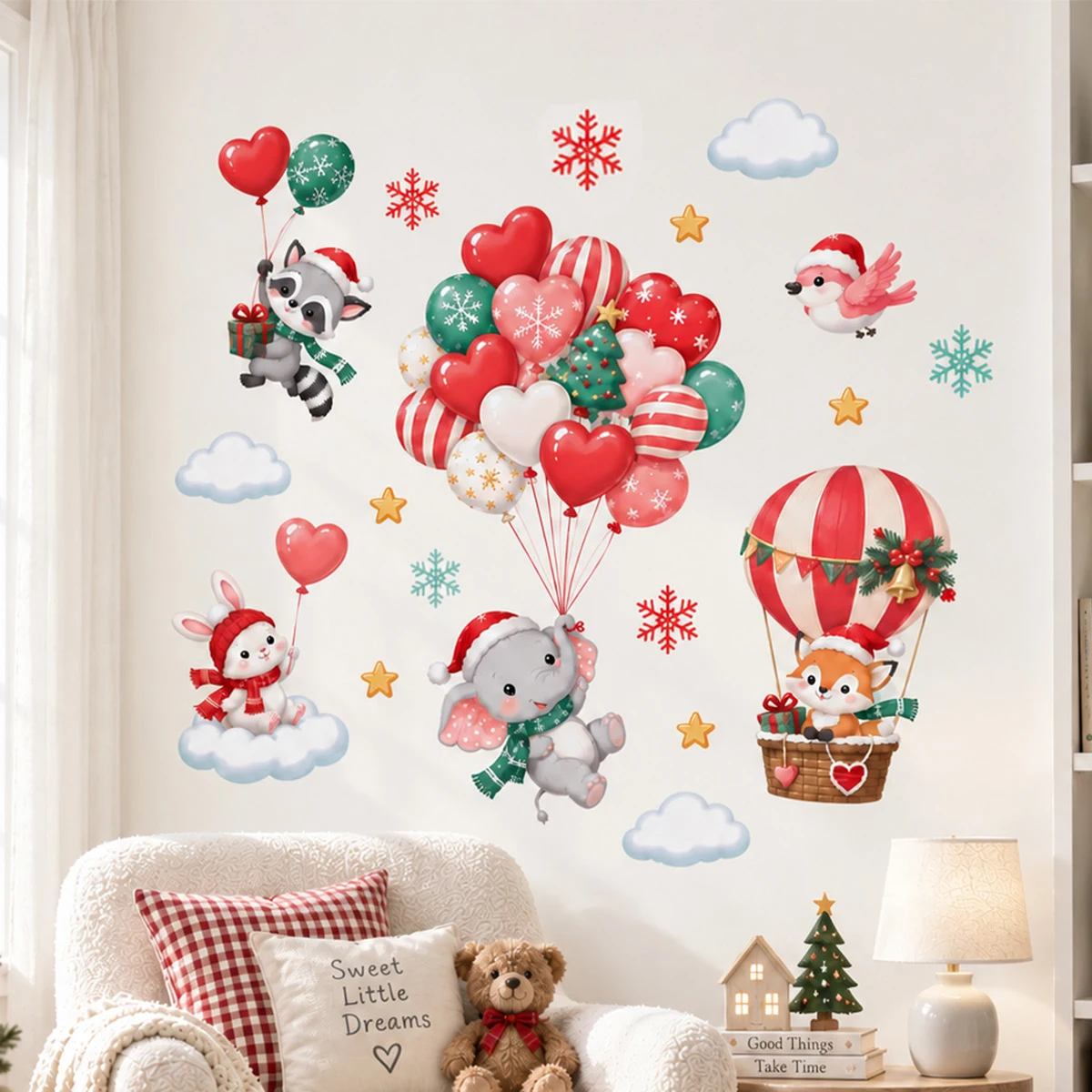 Christmas Animal Wall Stickers Balloon Raccoon Bunny Elephant Fox Self Adhesive Peel and Stick Holiday Decor