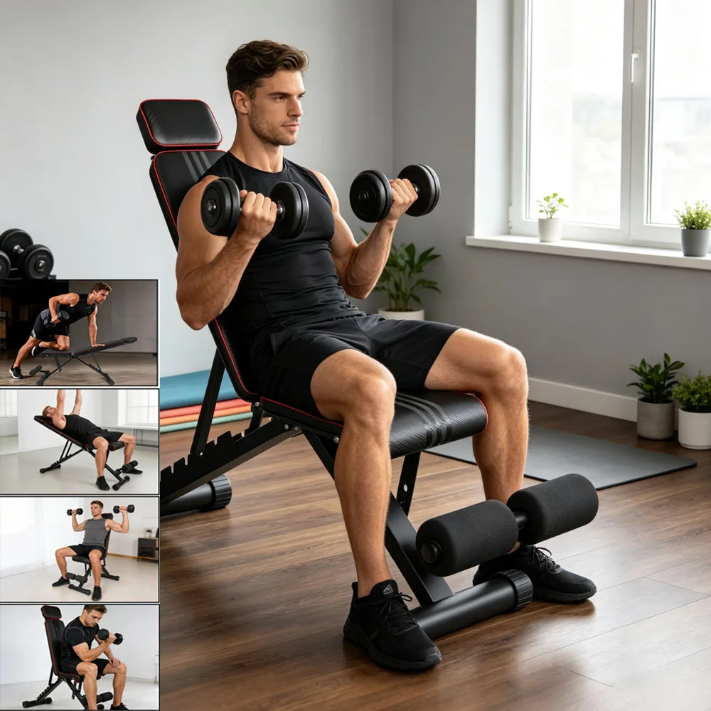 Banc de musculation multifonctionnel réglable, banc d'entraînement inclinable à 7 positions avec support pour les jambes, capacité de charge de 300 kg, banc de fitness pliable en acier robuste pour l'entraînement de force du corps entier, équipement de gym à domicile, pliage facile