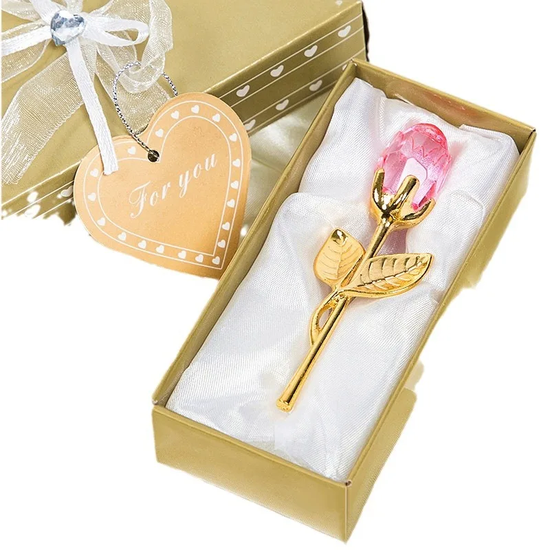 Romantic Crystal Glass Rose Flower Valentines Day Gift Craft Favors Lovers Gift Wedding Birthday Party Anniversary Decoration