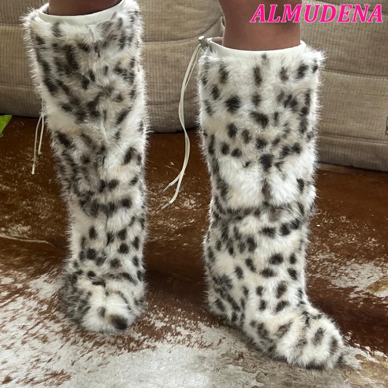 Leopard Print Fur Knee High Boots Women Wedge High Heels Sexy Warm Big Size White Black Long Boots Luxury Designer New in Shoes