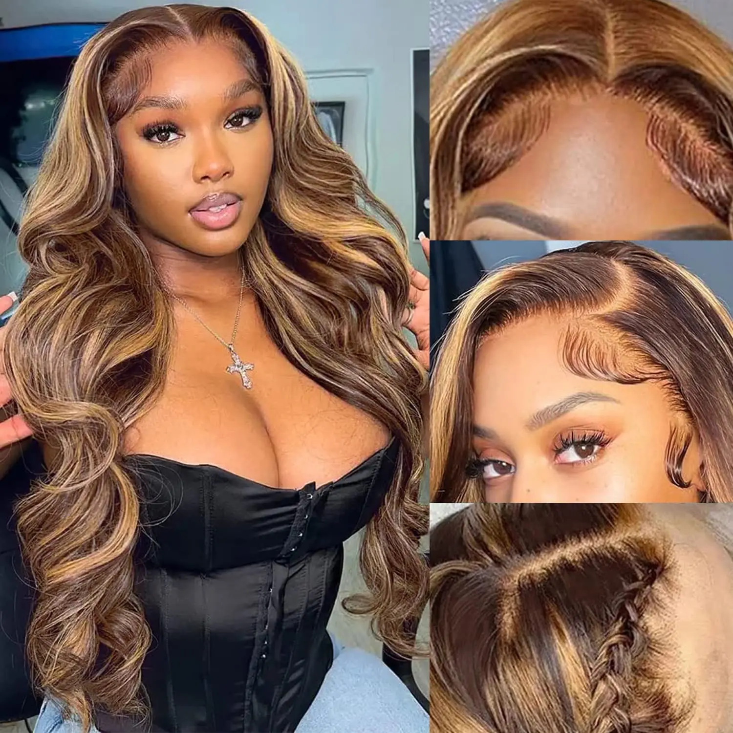 200 Density 4/27 Highlight Ombre 13x6 HD Lace Frontal Wig Body Wave Human Hair 13x4 Lace Front Wigs 28 30 32Inch Brazilian Brown