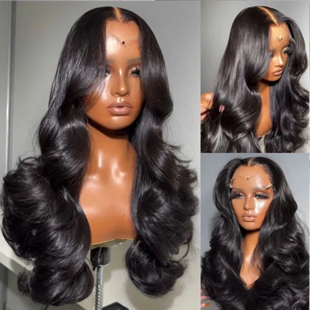 Rambut Asli Manusia 100% Brasil 42 Inci Model Body Wave Wig Lace Front HD Transparan 13x4 Hitam Wig Lace Frontal 13x4 Pre Plucked