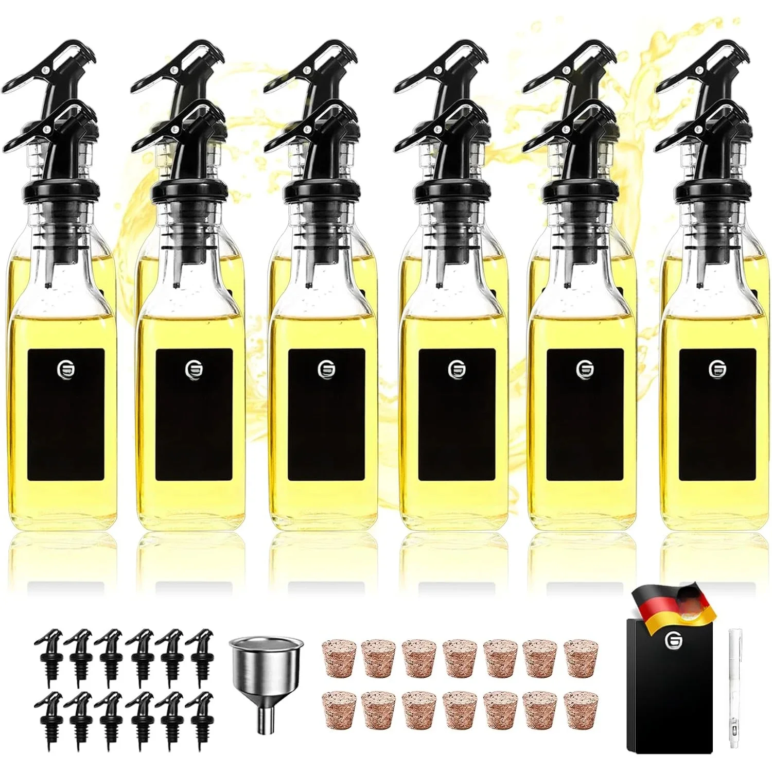 Bouteilles d'huile en verre de 160ml avec bec verseur, distributeur d'huile et de vinaigre rechargeable Portable pour voyage barbecue, étiquettes de bricolage, 12 pièces