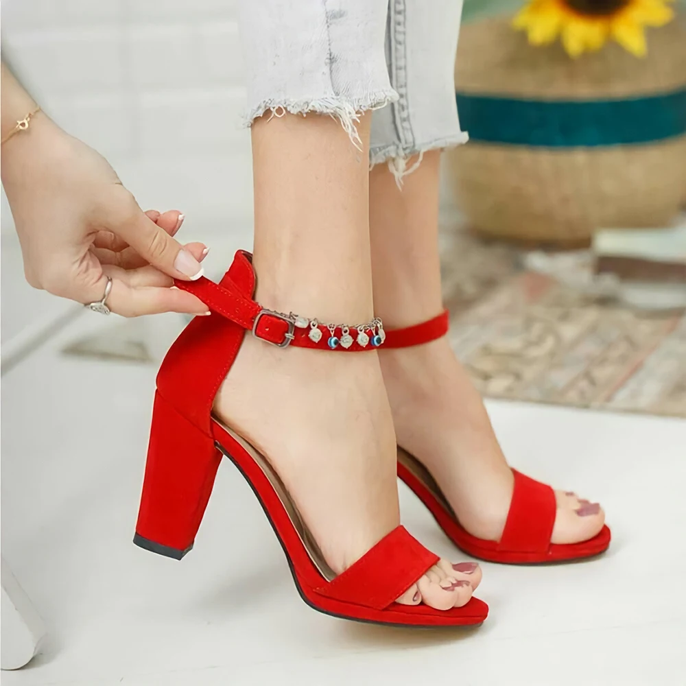 Red Suede Heels Women High Heel Shoes Ladies Ankle Strap Pumps Block Heel Sandals Women 7 cm Heel Sandals