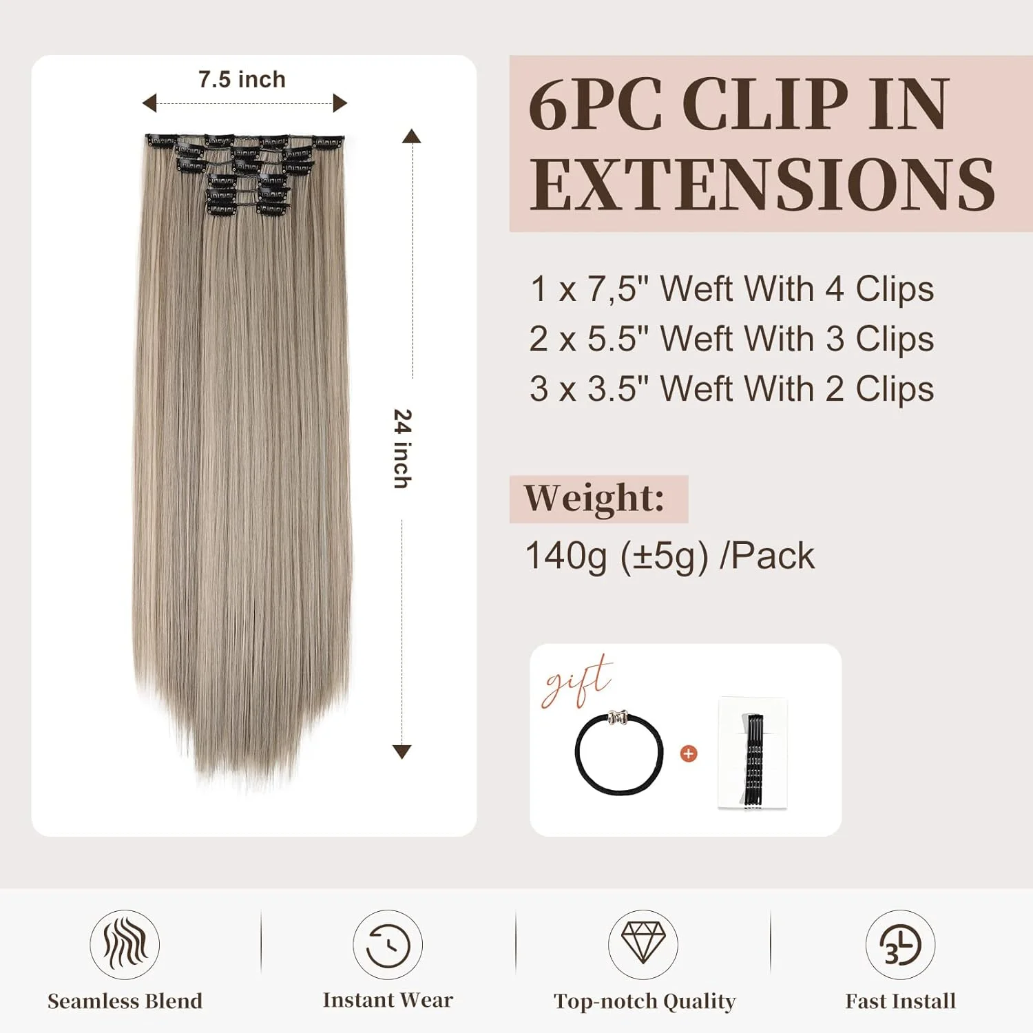 Clip in Long Straight Synthetic Hair Extension 24 Inch/6PCS/145g/Hairpieces Natural Soft Synthetic Fiber Double Weft for Women