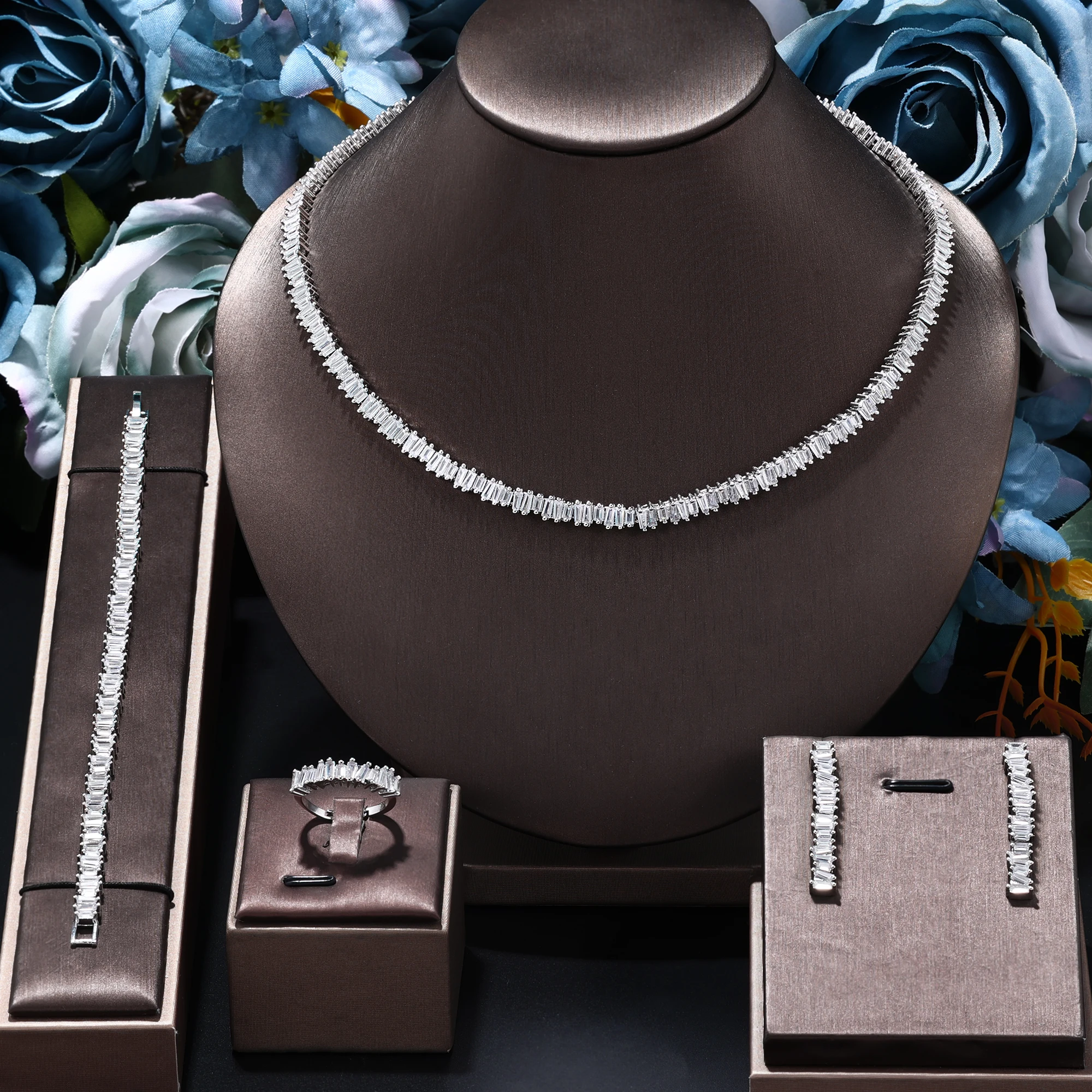 

Saudi Arabia 4 Piece Luxury Bridal Jewellery Set CZ Elegant Women's Wedding Necklace Earrings Sets Women's Wedding Jewellery Set