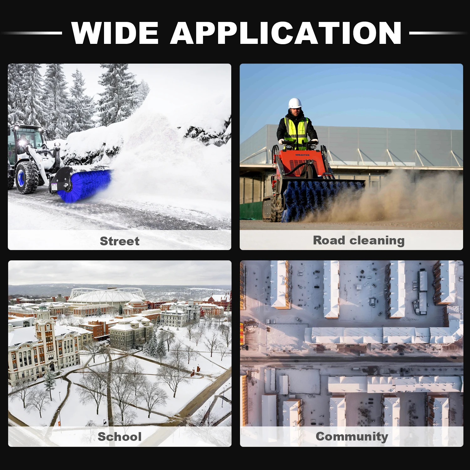 The skid steer loader attachment sweeper is suitable for cleaning large areas such as roads, construction sites and snowfields.