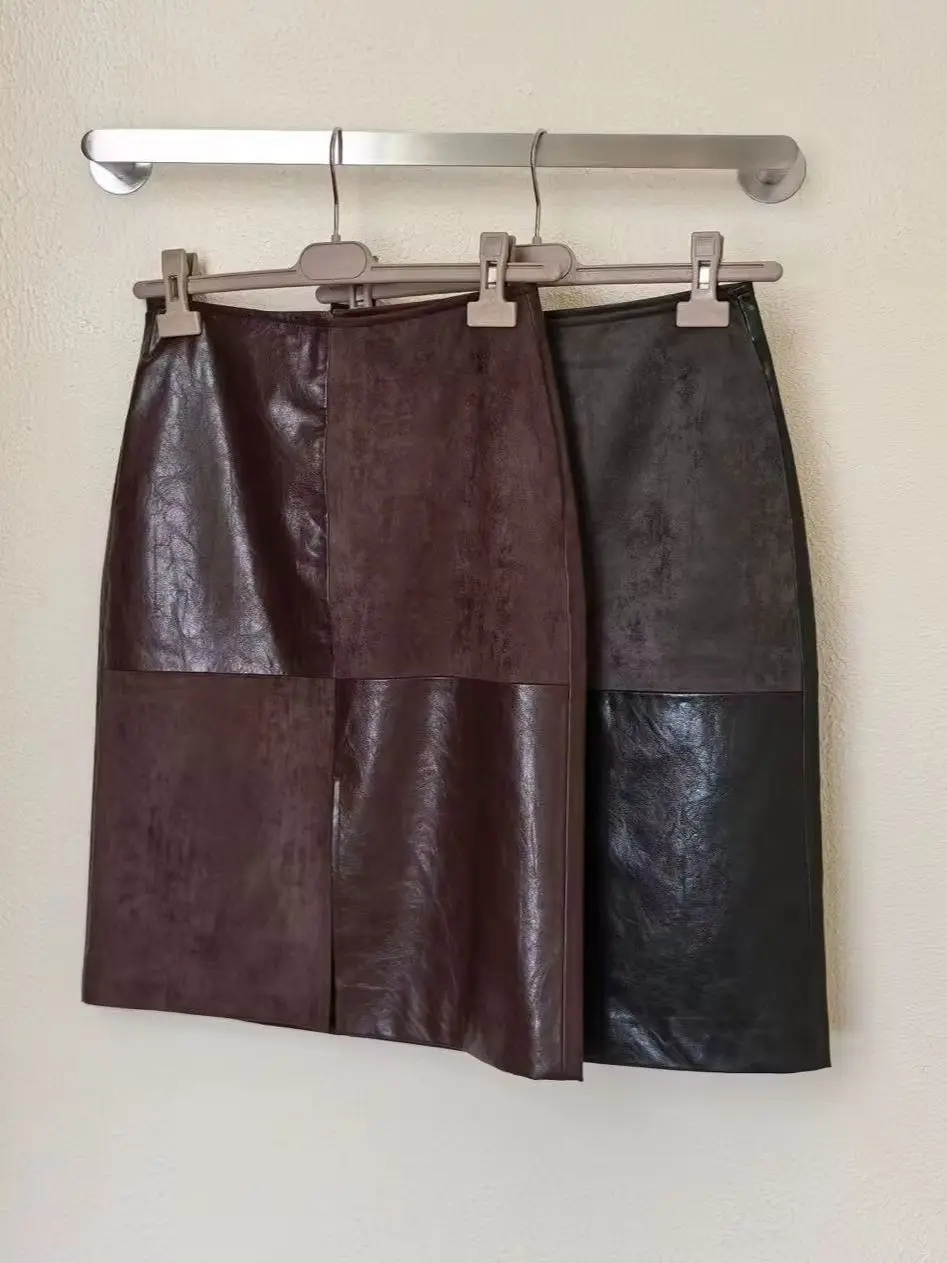 Autumn and Winter Retro Patchwork Design Leather Skirt