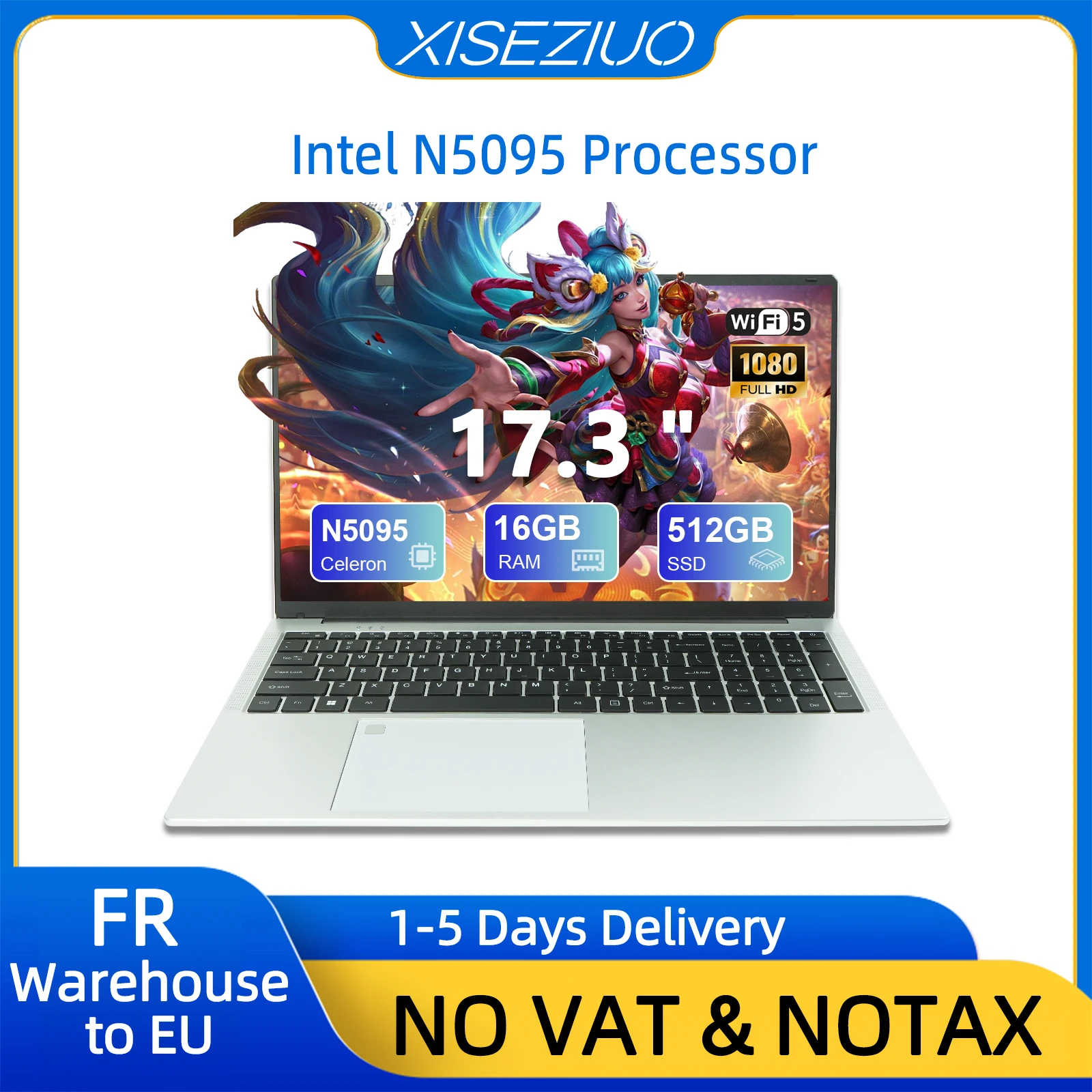 New Ordinateur Portable 17.3 Pouces 16Go RAM 512Go SSD Celeron N5095 Grande Autonomie ÉCran IPS 180° PC Portable Digitale Laptop