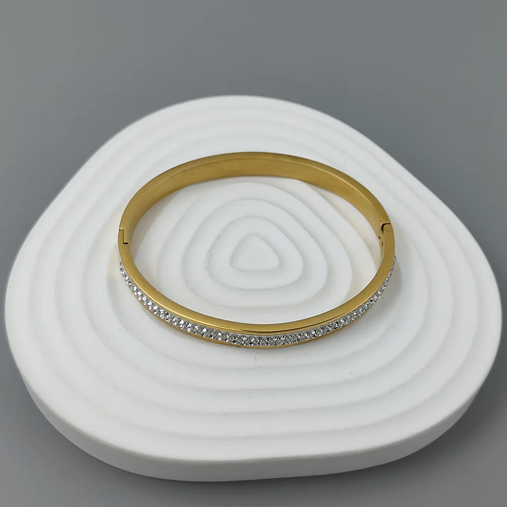 クラシックスタージルコンステンレススチールゴールドメッキレディースブレスレット、高品質防水メタルブレスレット、パーティージュエリー