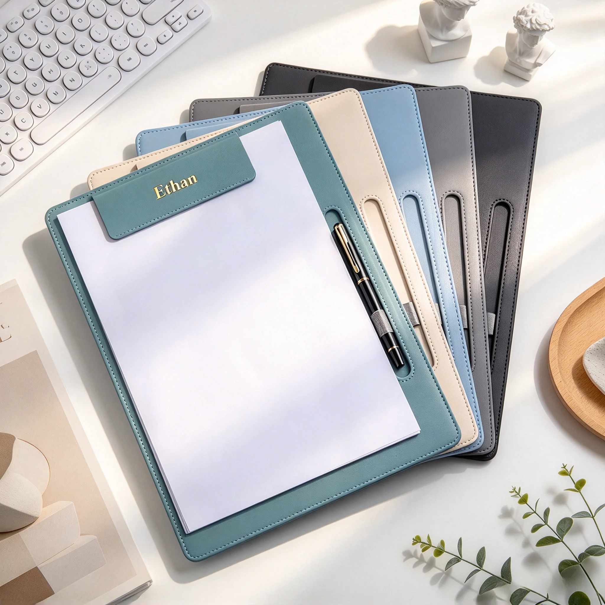 Business Office Custom Logo Leather Writing Pad | A4 Paper File Organizer with Pen Slot | Engrave Name for Teacher Doctor