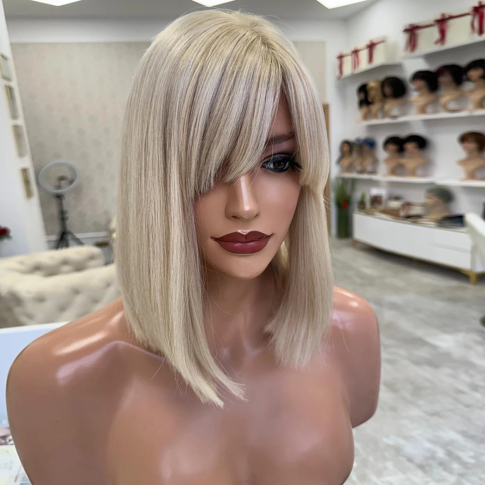 

Natural Human Hair Wig Blonde With Bangs Platinum Straw Blonde Highlights Short Bob Wig Soft Straight Lace Wig for Women 12"14"