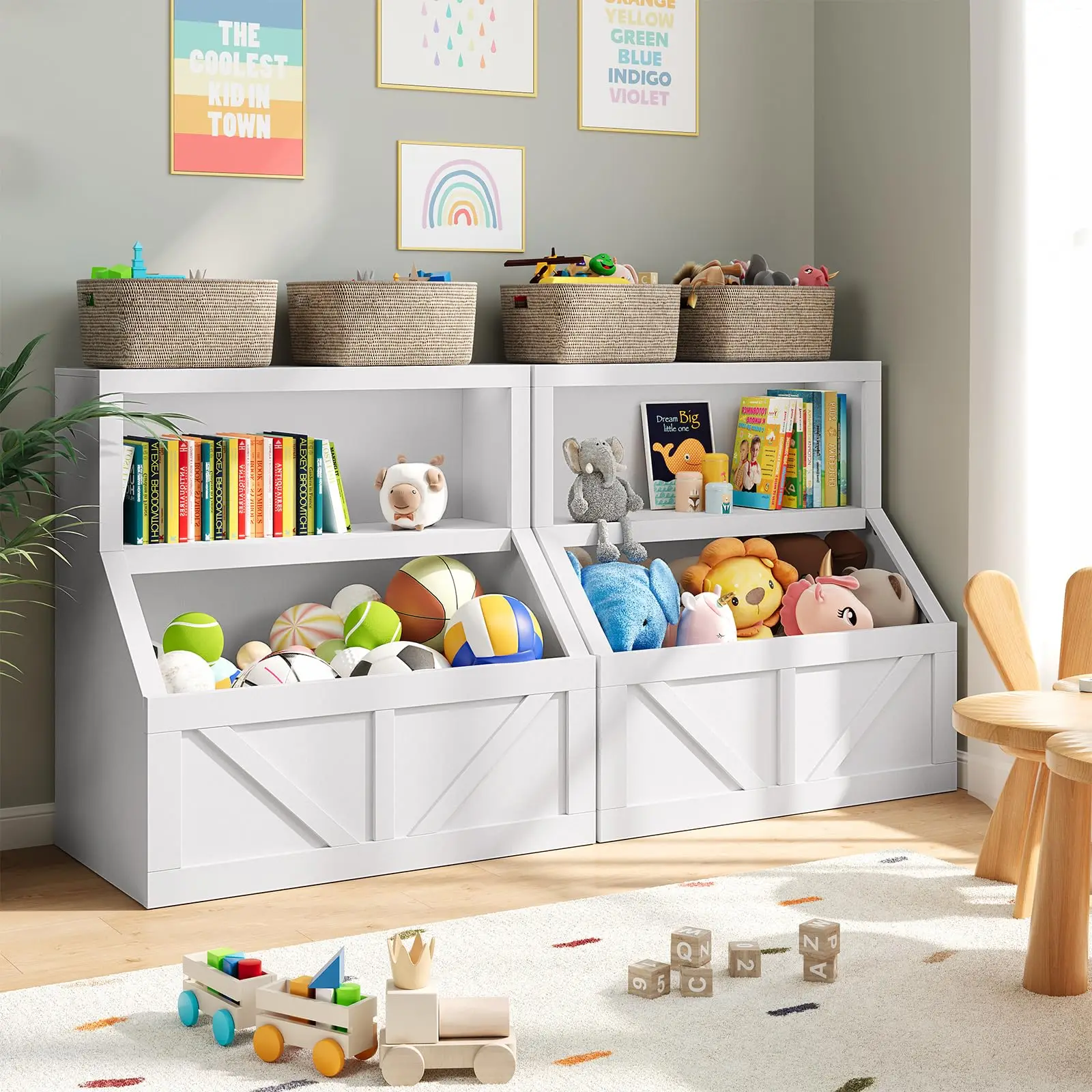 Étagère pour enfants avec boîte à jouets, 80x42x81 cm, étagère à livres et à jouets pour chambre d'enfant, étagère robuste en bois pour enfants, pour salle de jeux-W