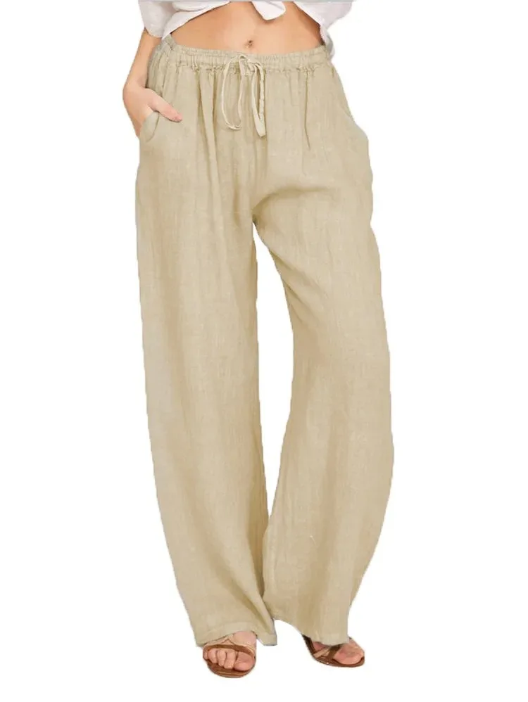 Women's Cotton Linen Pants Casual Loose Solid Elastic Waist Pocket Straight Trousers Ladies Oversize Wide Leg Pant Streetwear